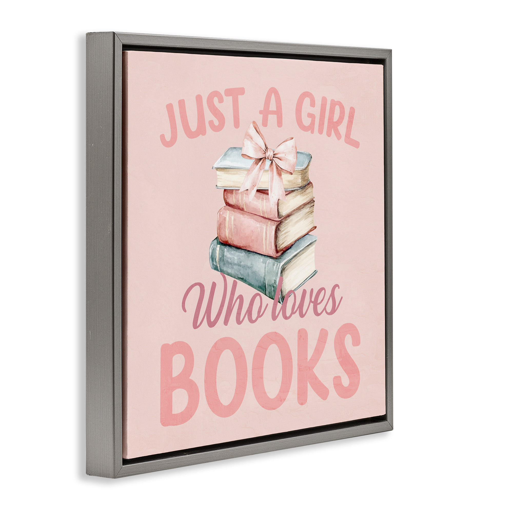 Reader Girl Who Loves Books Gray Framed Floater Canvas Wall Art, design by Kim Allen