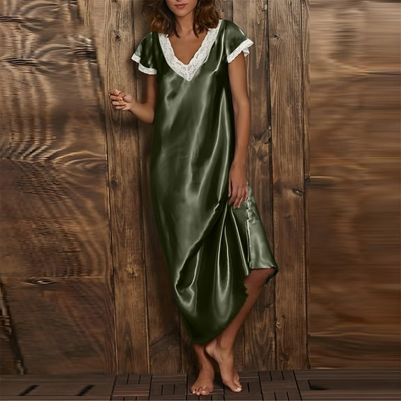 Caywon Women's Satin Long Nightgown Lace V-Neck Short Sleeve Sleep Dress Soft Floor-Length Sleepwear for Bedroom Wedding Night Homewear