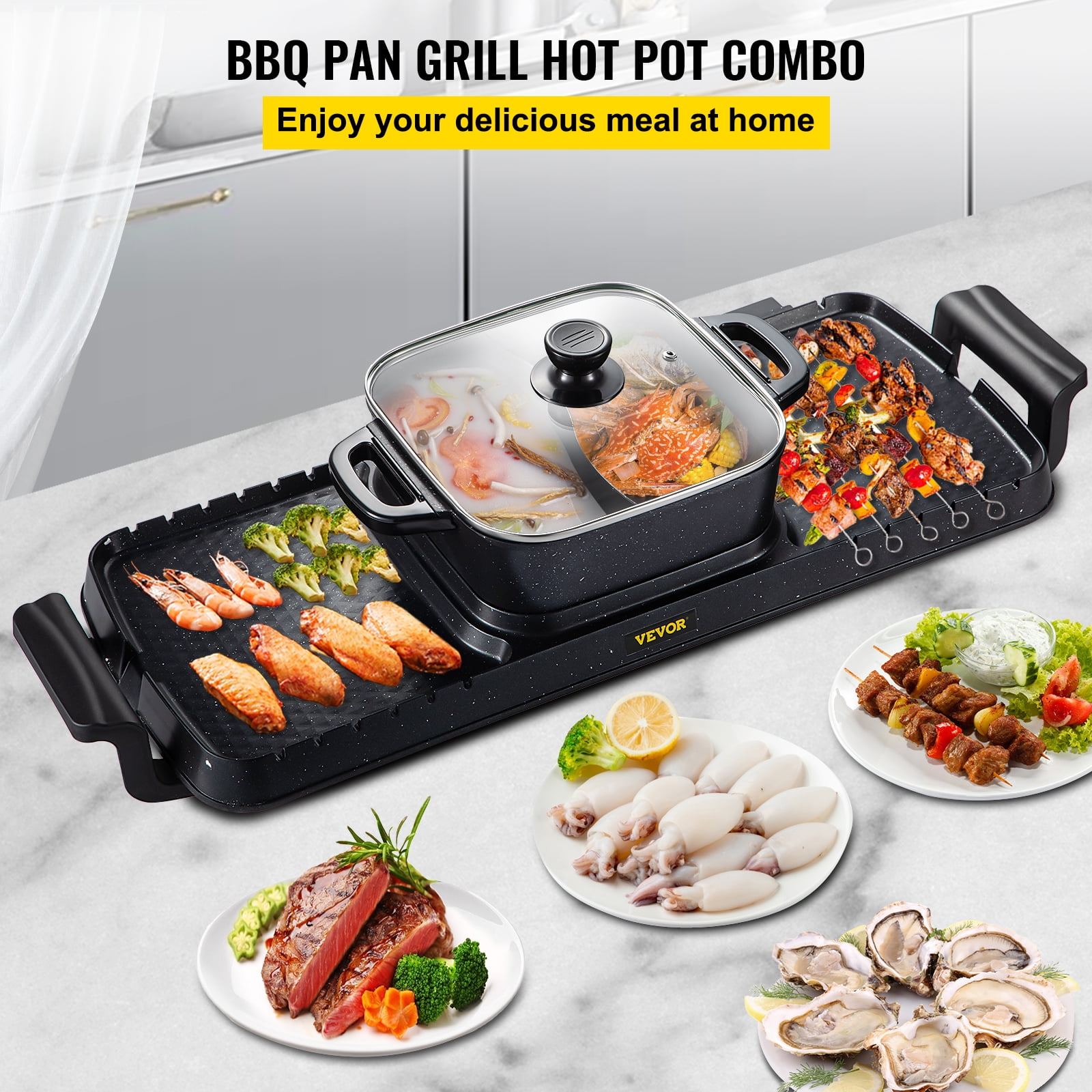 VEVOR 2 in 1 BBQ Grill and Hot Pot with Divider Aluminum Alloy Electric BBQ Stove Hot Pot Separate Dual Thermostat Teppanyaki Grill Pot with 5 Speed