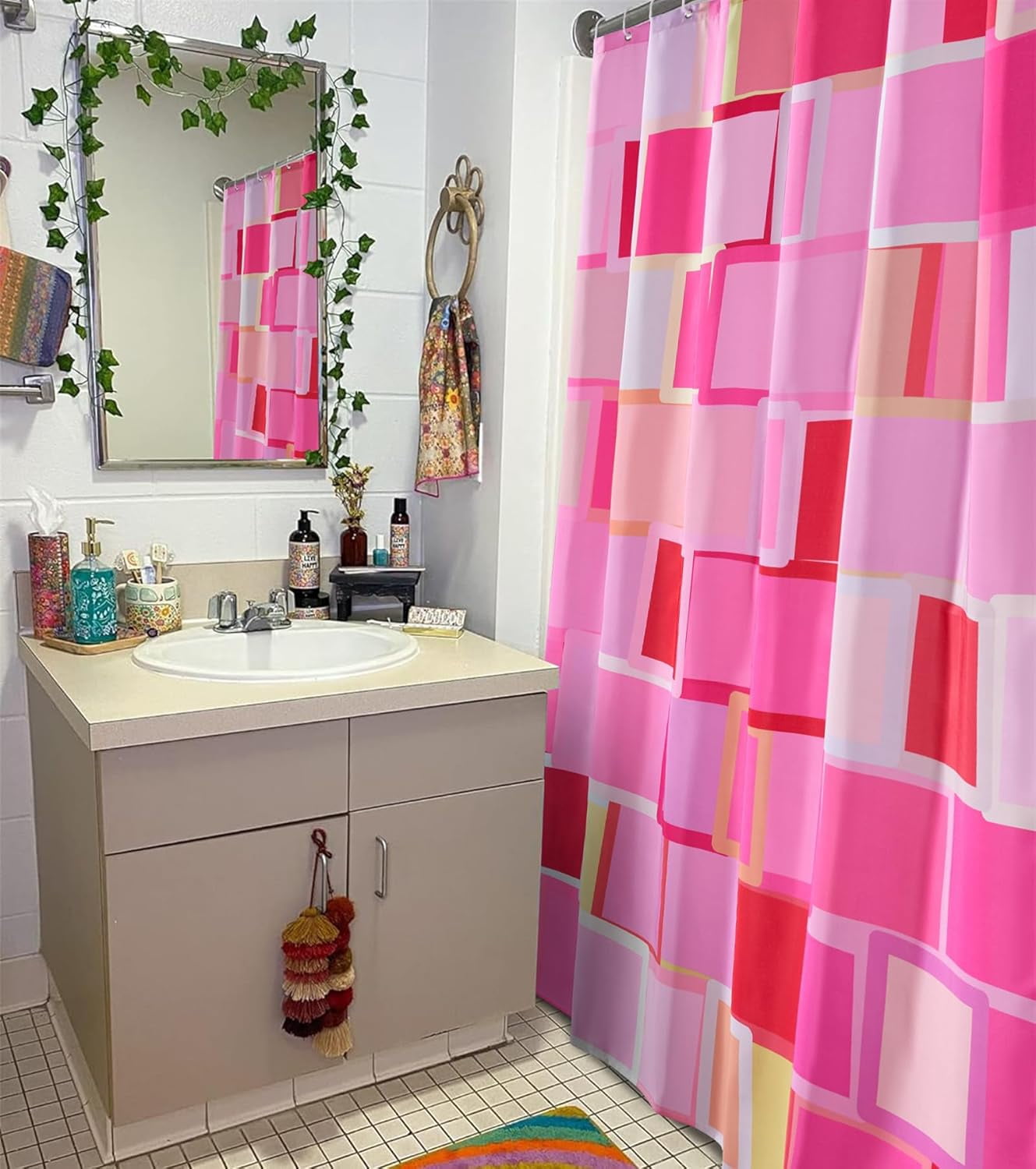 Colorful Pink Fabric Shower Curtain for Bathroom Aesthetic Decor, Heavy Duty Bright Abstract Geometric Modern Y2K Simple Groovy Preppy Shower Curtain Set with Hooks