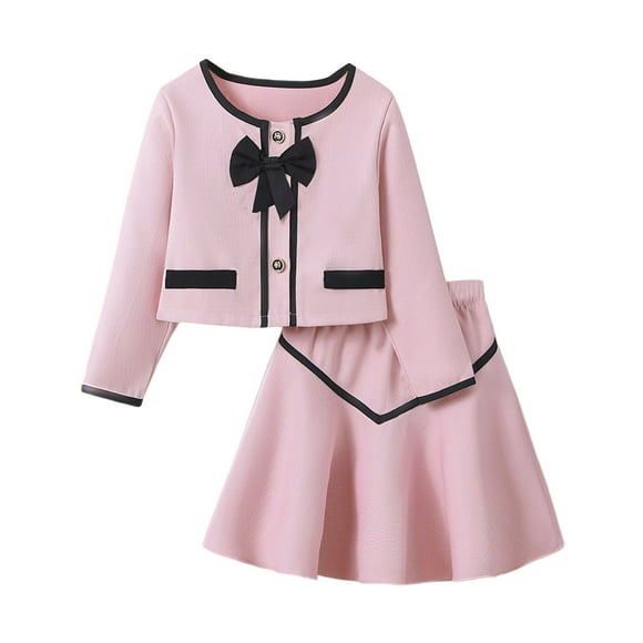 Hfolob Ensemble de Vêtements pour Filles, Petit Costume Parfumé et Manteau à Col Rond avec Nœud Blanc, Jupe, Ensemble Deux Pièces