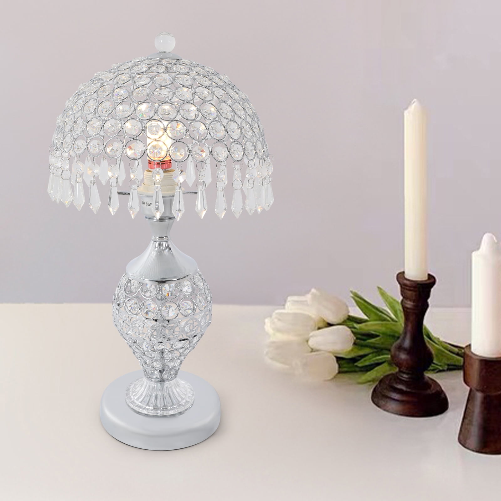 Wildnix Elegant Table Lamp with Crystal Lampshade, Silver Iron Body, E26 Lamp Holder, Anti-Rust Design for Cozy Lighting in Bedroom, Living Room, and Home Decor