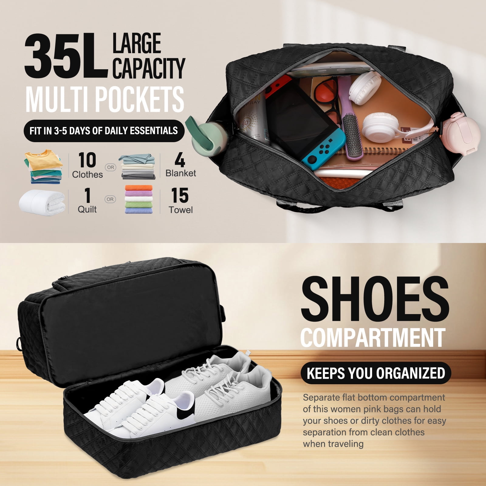 Livhil 2pcs Womens Overnight Bag, Carry on Weekender Bag with Shoe Compartment for Business Trips Sport Hospital, Black