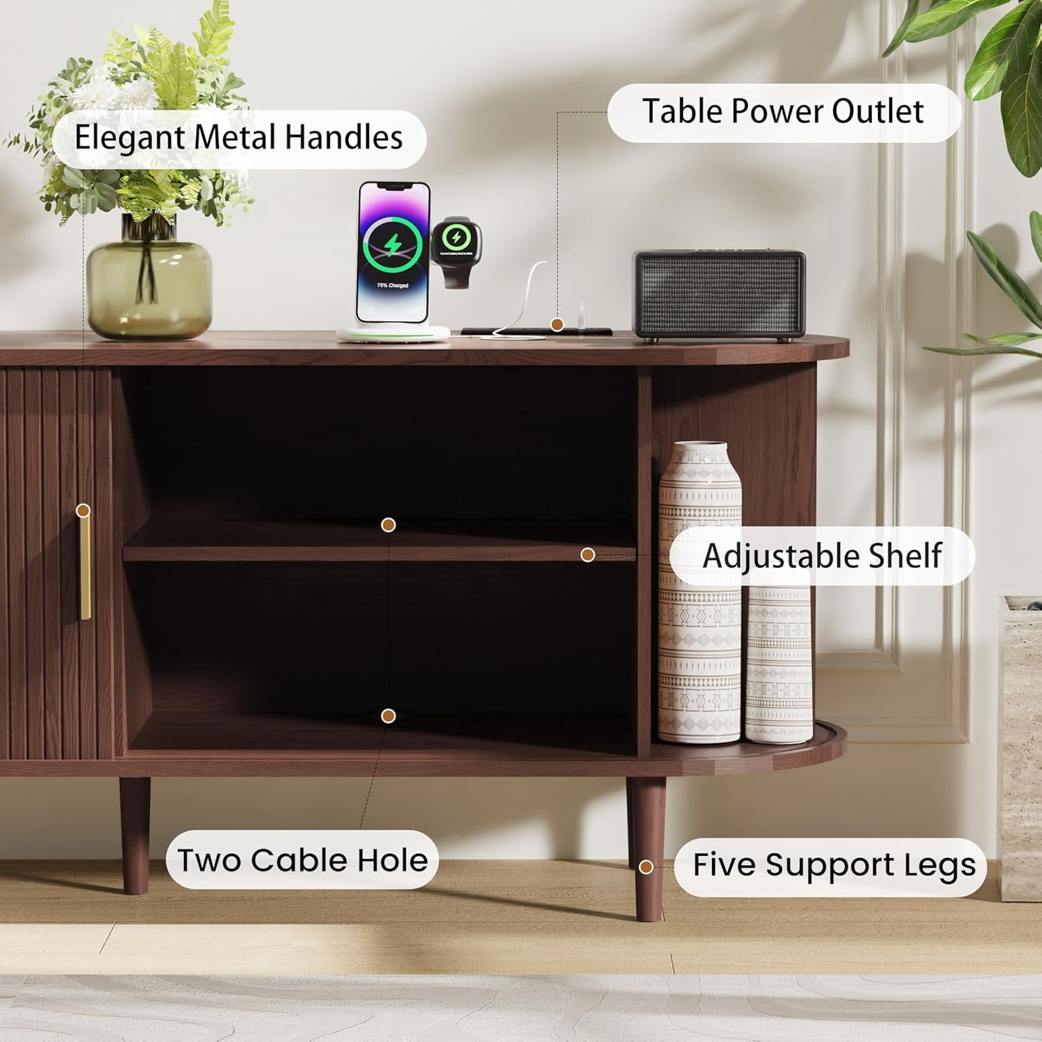 63 Inch Mid-Century Modern TV Stand with Power Outlet and Sliding Doors, Entertainment Center with Adjustable Storage Shelves, for TVs up to 70 Inches, Walnut