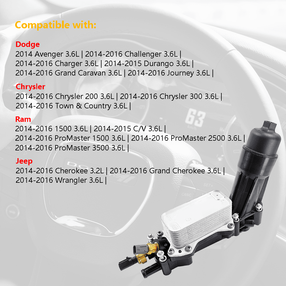 Engine Oil Cooler & Oil Filter Housing Assembly | Fit for 2014-2016 Chrysler 200 300, Jeep Grand Cherokee Wrangler, Dodge Challenger Charger Durango, Ram 1500 ProMaster 3.6L V6 | OE# 68105583AF