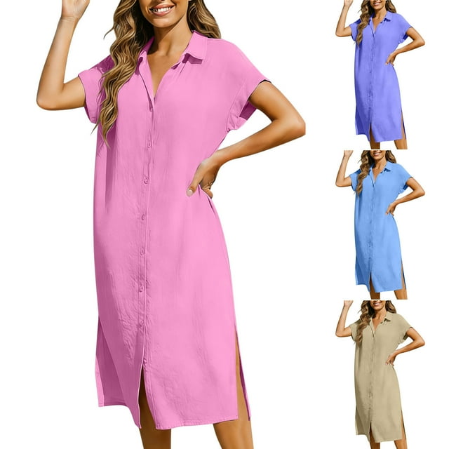 Xuniizn Robe en Coton et Lin pour Femmes Grande Taille Robe Midi Été Décontractée Couleur Unie Col à Revers Robe Chemise à Boutons, P-3TG
