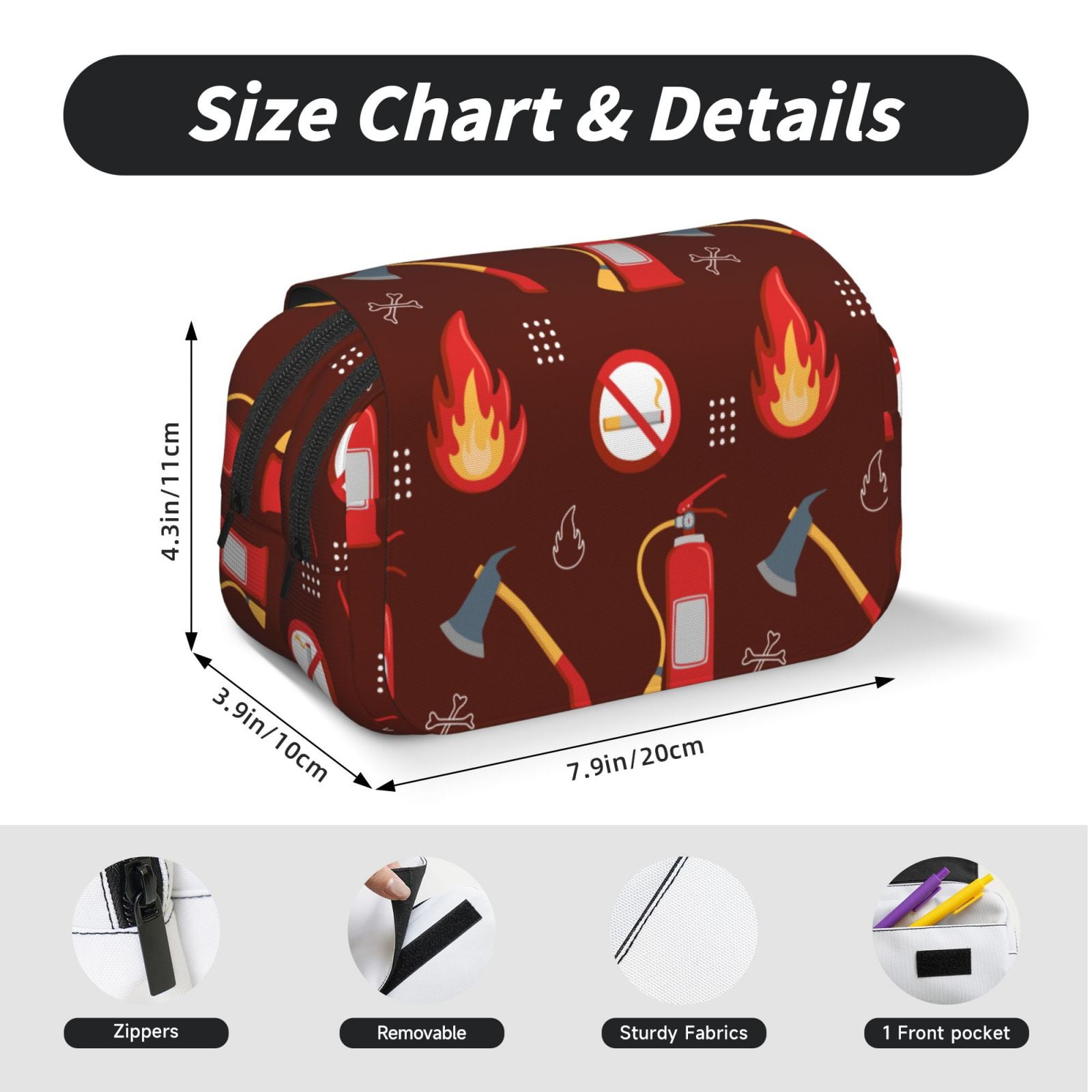 Rateoe Fire Extinguisher Pattern Double Clamshell Pen Case, Storage Organizer with Two Zipper Compartments– Holds Up to 50 Pencils & Pens