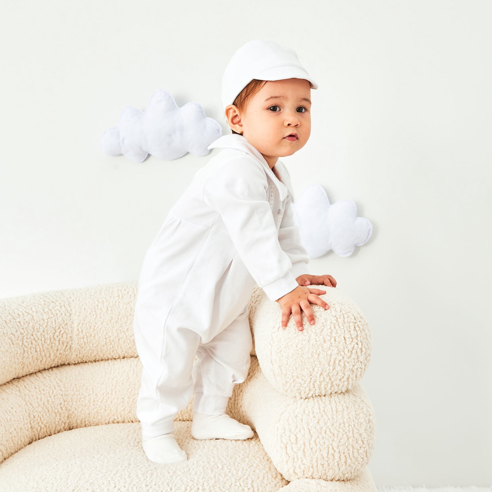 pureborn Baby Boys Baptism Outfits Long Sleeve Jumpsuit with Bonnet 2 Pcs Spring Fall Cotton Christening Clothing White 3-6 Months