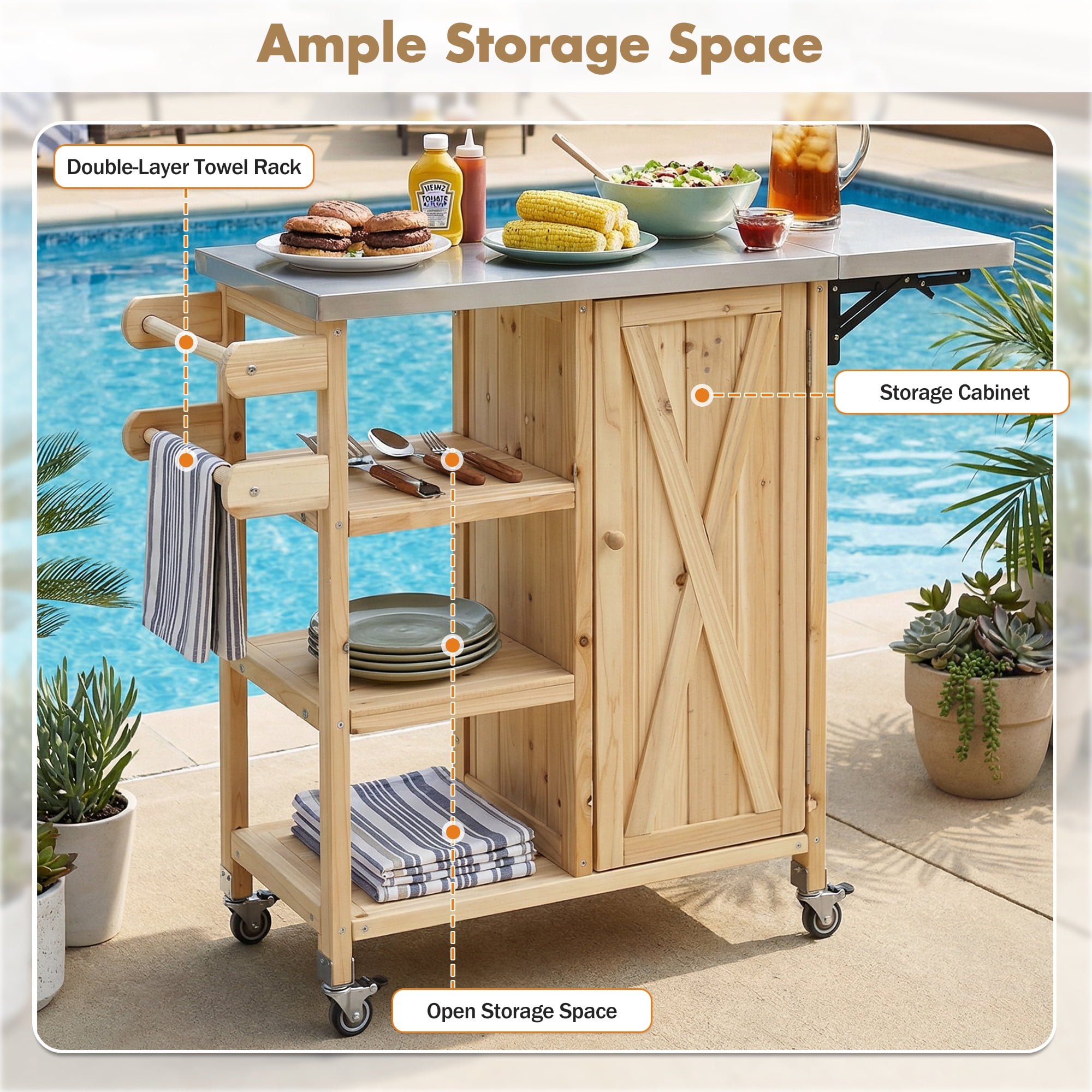 Foldable Outdoor Kitchen Island Patio Kitchen Island Outdoor Kitchen Cart Portable Prep Station with Lockable Wheels, Storage Cabinet and Towel Rack for Patio and Outdoor, Natural