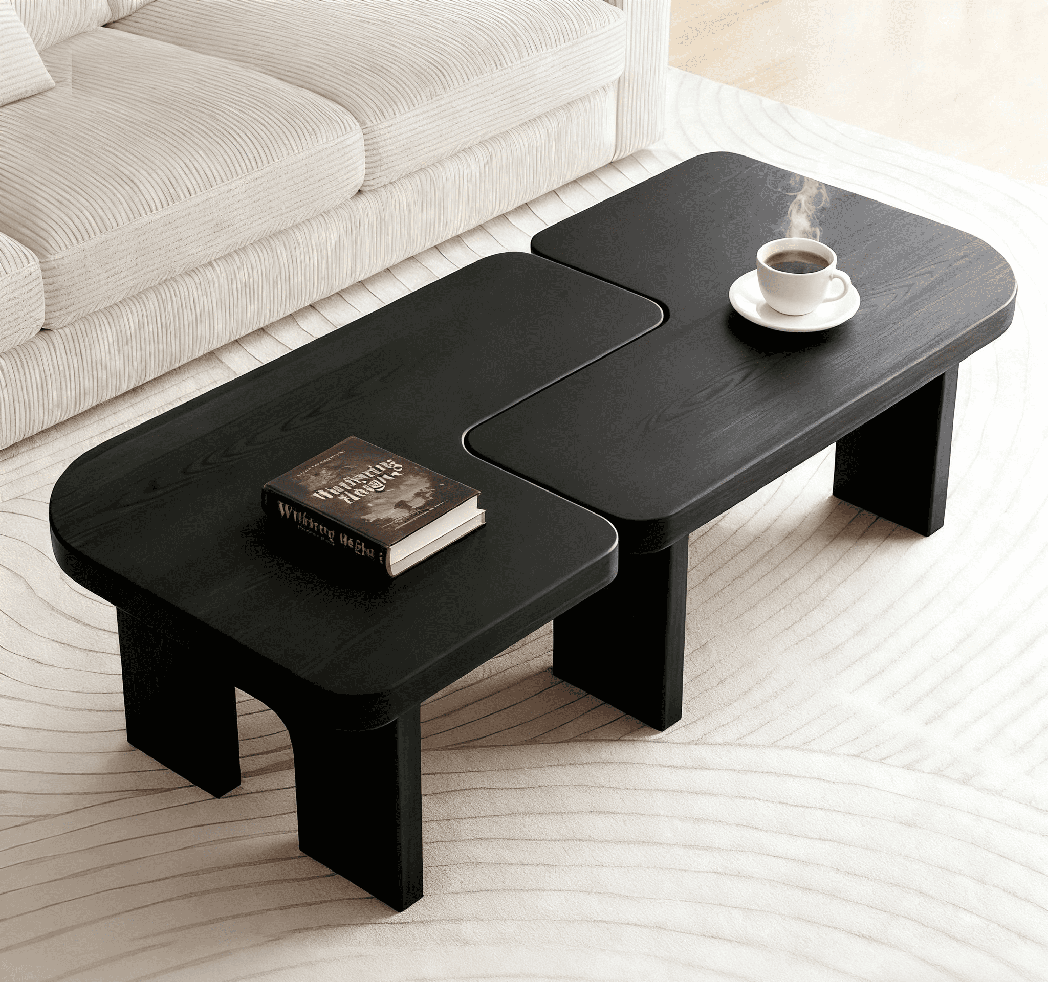 70.86 Inch Extendable Splicing Coffee Table Set, Modern Black Wooden Nesting Center Tables for Living Room, Flexible Configuration, Smooth Surface, Antique Black Finish