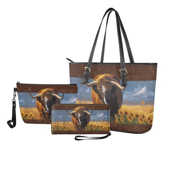 LedBack Womens Handbags Set Highland Cow Print 3pcs Wallet and Purse Set Sunflower Print Cosmetic Purse Wrislet Wallet Waterproof Top Handle Shoulder Bat Totes for Travel, Brown