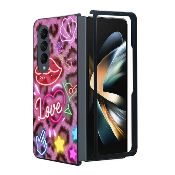 ANJ  Protective Snap-On Design Printed Case Compatible with Samsung Galaxy Z Fold 4 - Pink Leopard Neon Signs