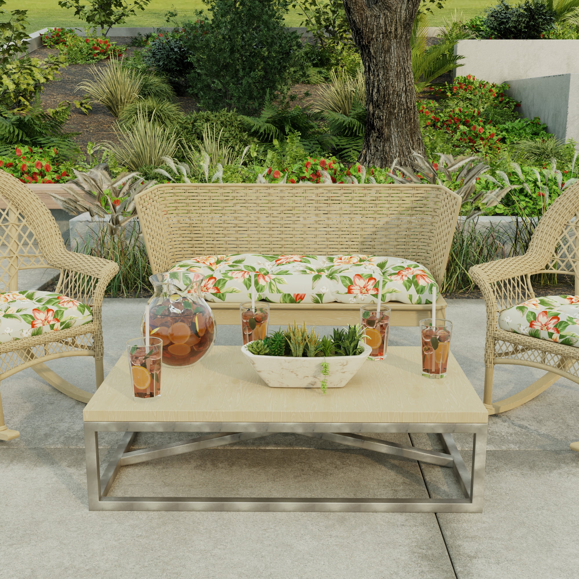 Jordan Manufacturing 44" x 18" Tori Cedar Grey Floral Rectangular Tufted Contoured Outdoor Wicker Settee Bench Cushion