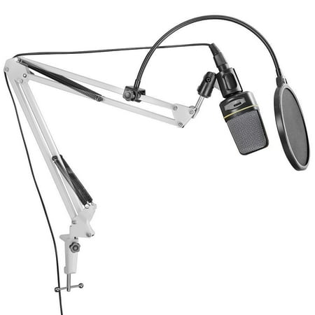 DragonPad Usa White Adjustable Microphone Suspension Boom Scissor Arm Stand, Compact Mic Stand Made of Durable Steel for Radio Broadcasting Studio, Voice-Over Sound Studio, Stages, and TV