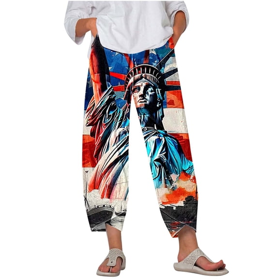 SELONE Fourth of July Womens Capris Pants Elastic Waist Wide Leg Pants Summer Trousers Loose Patriotic Outfits Blue L
