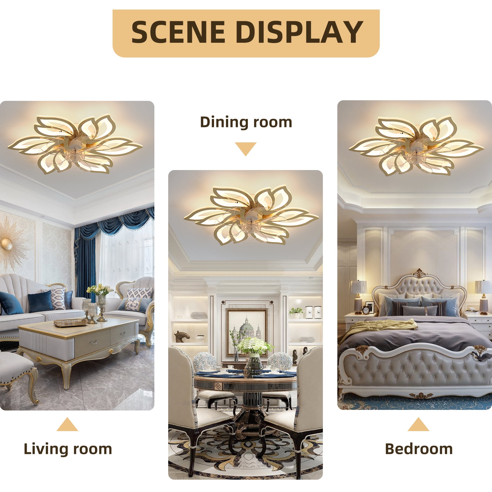 Eowynic 25.5 Inch Flower Shape Modern Flush Mount Bladeless Ceiling Fans with Led Lights Chandelier APP & Remote Control, DC Motor, 6 Speed, Gold