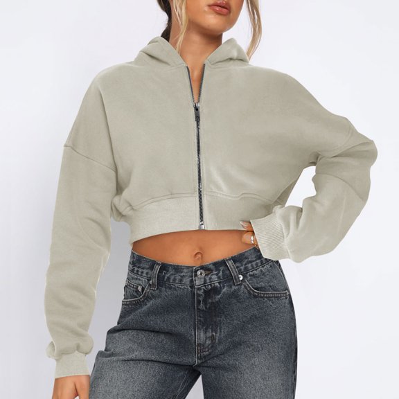 Chaoheng Pullover Sweaters for Women Women's Solid Color Cropped Hoodie,Long Sleeve Ribbed Cuff Crop Top,Casual Streetwear Fall Fashion