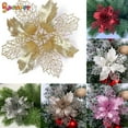 thumbnail image 2 of Spencer 6Pcs Christmas Poinsettia Flower Ornaments Glitter Floral Accessories Xmas Tree Wreaths Decorations for Wedding Party Home "White", 2 of 7