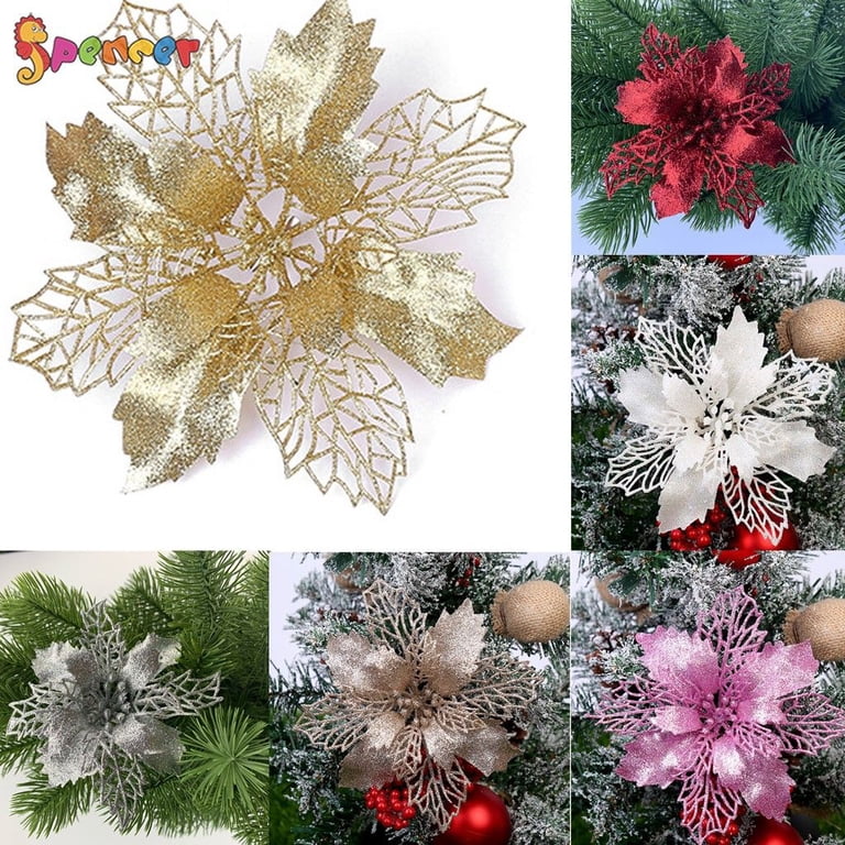 Glitter Poinsettia Christmas Tree Ornaments 10PCS,Artificial Poinsettia...