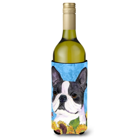 Boston Terrier in Summer Flowers Wine Bottle Hugger