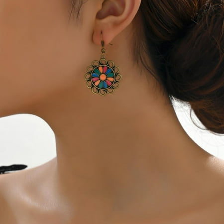 Flower Dangle Earrings Antique Bronze Stainless Steel Vintage Floral 48x30mm for Women