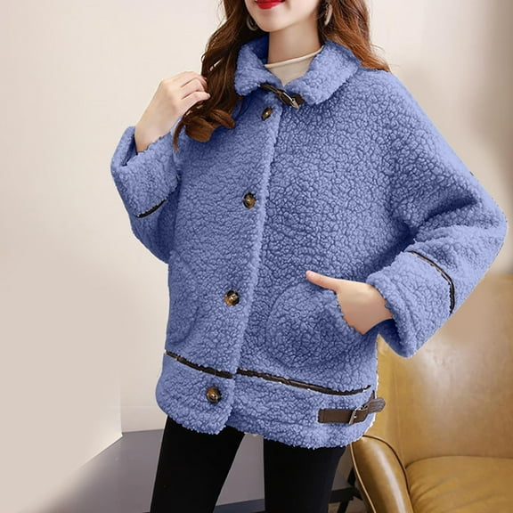 gbyLJF Women's Fleece Jacket Solid Color Button Down Laple Plush Coat Winter Thickened Warm Outwear Jacket with Pockets