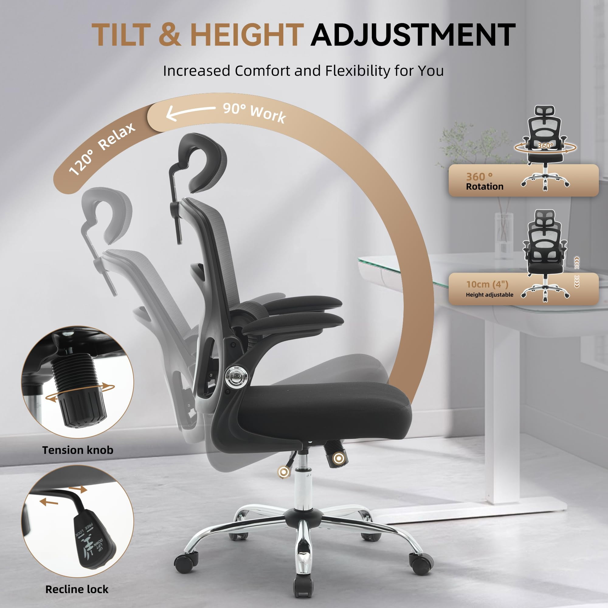 Ergonomic High-Back Mesh Office Chair – Adjustable Headrest & Lumbar Support – 360° Swivel Rolling Desk Chair – Comfortable Computer & Gaming Task Chair – Perfect for Home or Office