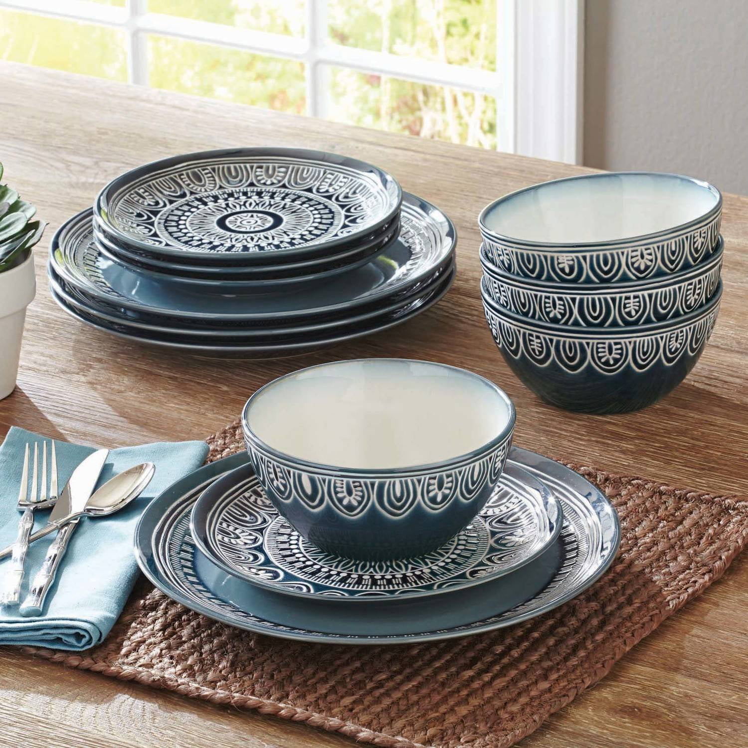 Better Homes Gardens Teal Medallion 12 Piece Dinnerware Set Walmart