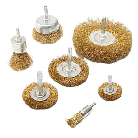 ABPETE 7 Pcs Brass Wire Wheel Brush Kit - Crimped Cup & End Brushes 1/4-Inch Shank 0.13mm True Brass Wire Perfect for Polishing Cleaning and Deburring Metal & Wood Industrial Grade Tools
