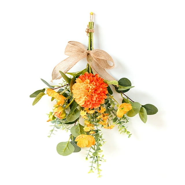 Colgante de ramo de simulación: bola de dalia naranja, amapola champán, ramo al revés, altura total 43 cm, ancho 25 cm