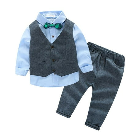 

3pcs Toddler Baby Boys Shirt +Long Pants Outfits Gentleman Sets - Gray blue - 140cm(7-8T) as described