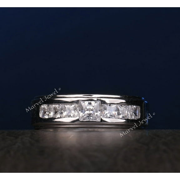 Seven Stone Men's Diamond Engagement Ring, Men's Princess Cut Diamond Ring, 2.4 Ct Simulated Diamond, Channel Set Diamond Ring, 925 Sterling Silver, Gifts For Him