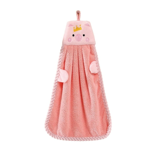Ohufall Household Hanging Hand Towels Corals Fleece Solid Color Children's Hand Towels Cute Piglet Style Small Hand Towels For Bathroom Soft Hand Towels