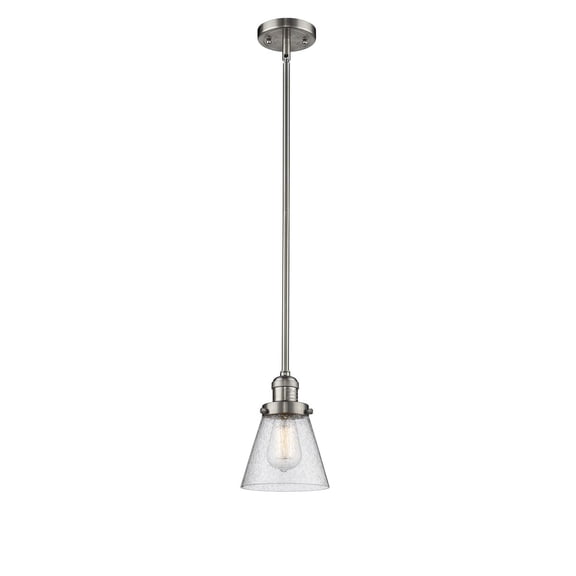 Small Cone Brushed Satin Nickel Eight-Inch LED Mini Pendant with Seedy Cone Glass