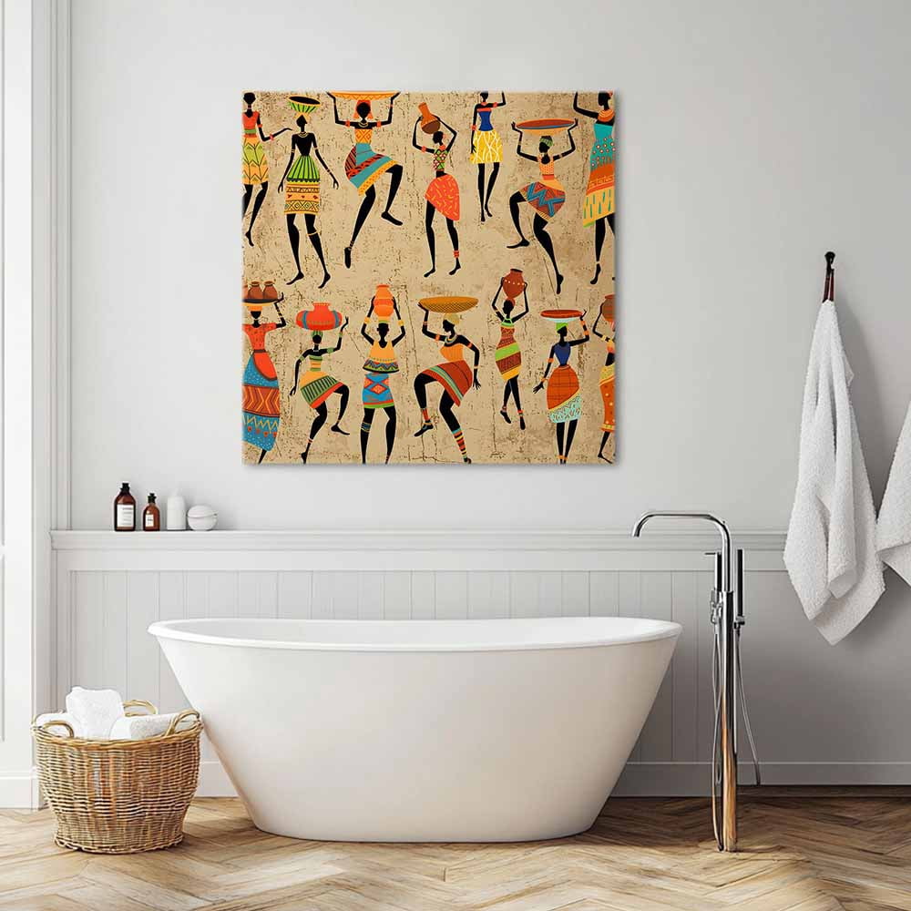 Black African Women Canvas Wall Art, Vintage Abstract Ethnic Style Bohemian Linen Texture Framed Wall Decor Modern Artwork Prints Painting for Living Room, Bedroom, Kitchen & Cafe Decor 16x16 Inch