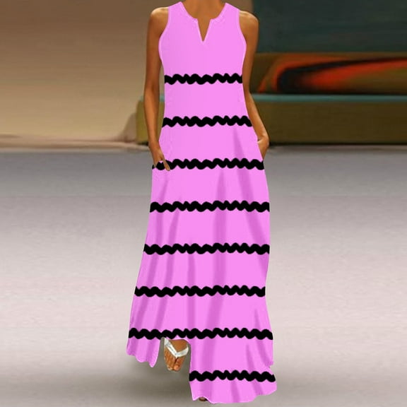 FRSASU Sleeveless Dresses for Women 2024 锛學omen Loose Printed Tank Dress Beach V-Neck Pocket Sundress Sleeveless Dresses Hot Pink 10(XL)