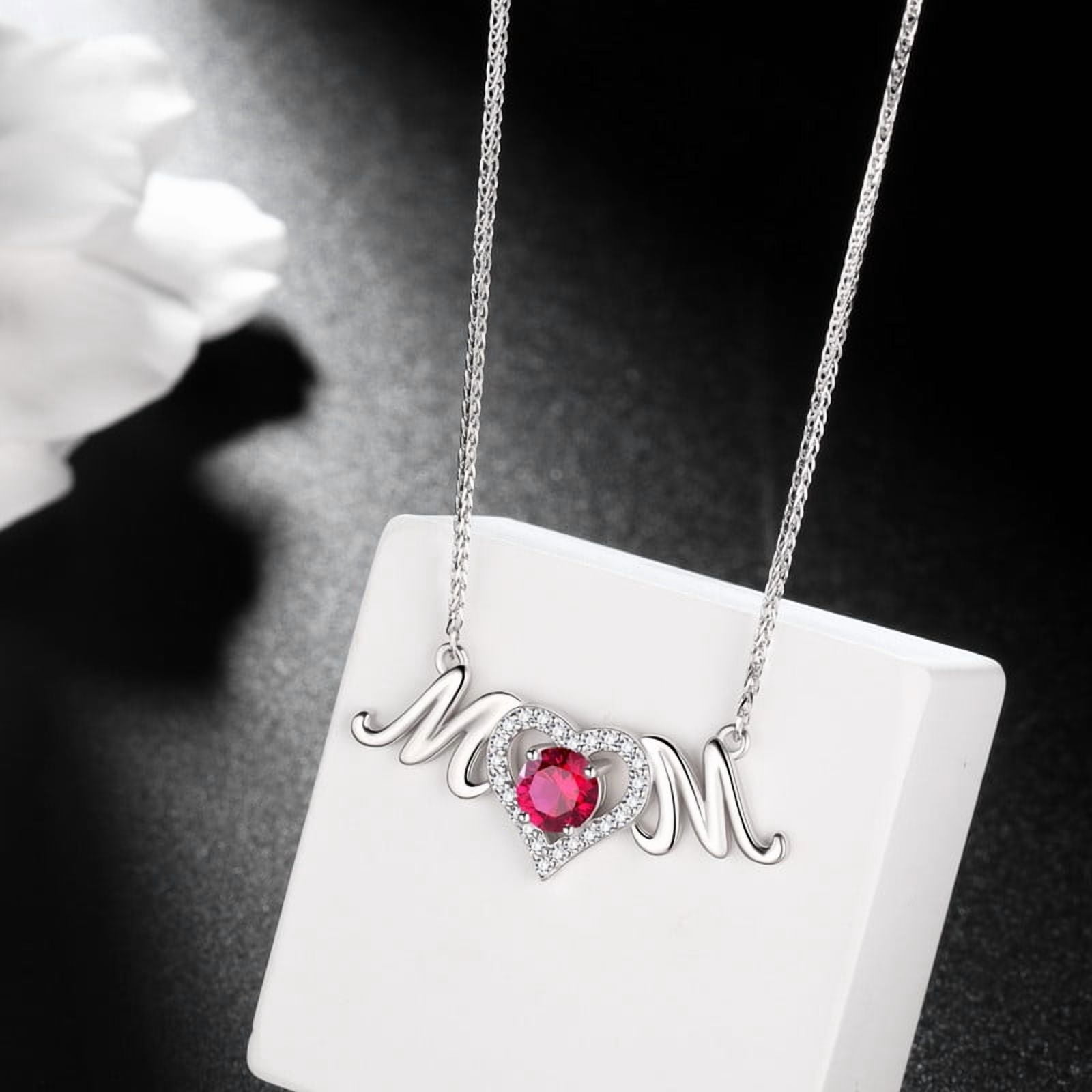 Beautlace Mom Pendant Necklace 925 Sterling Silver Love Heart July Ruby Birthstone Necklace Mother's Day Birthday Jewelry Gifts for Mom Women Grandma