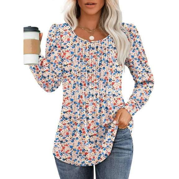 MOMOFEEL Pleated Blouses for Women Puff Long Sleeve Tunic Tops Dressy Casual Shirts For Spring or Summer (M9011 Pink Floral L)