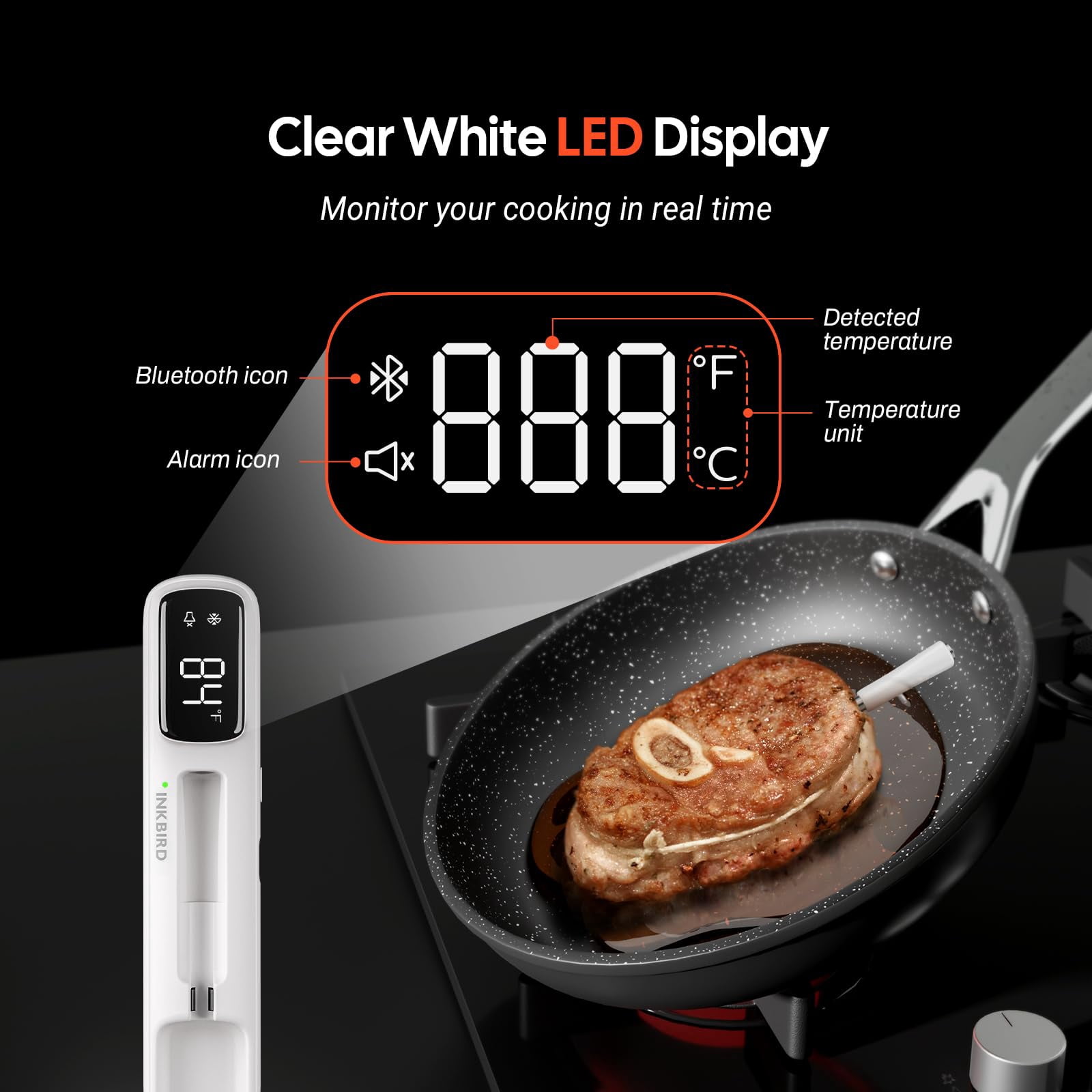 INKBIRD Mini Wireless Meat Thermometer Ideal for Small Meals , Bluetooth 5.4,1000ft/305m Ultra Long Connection, White LED Display, for BBQ, Grill, and Smoker