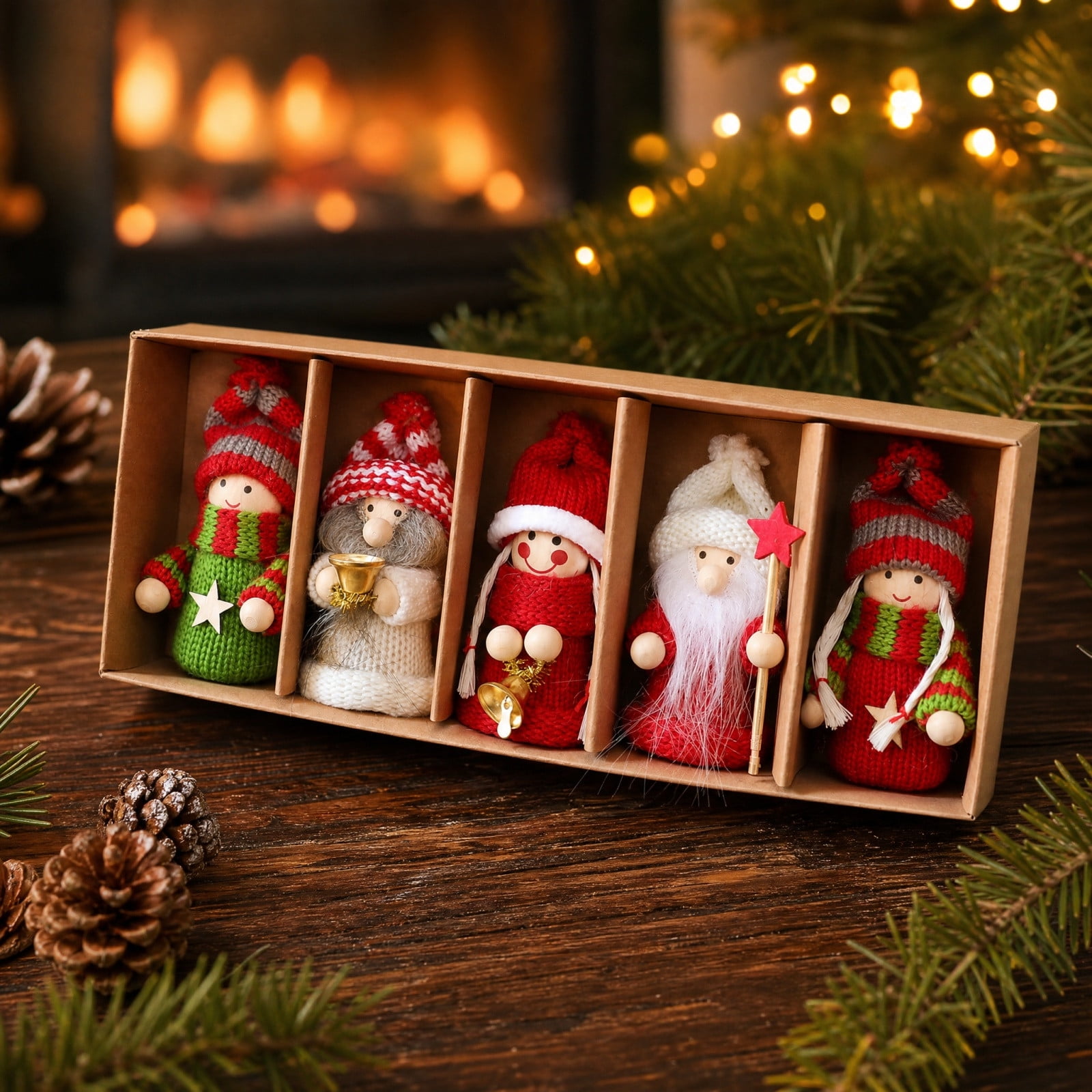 Gzhgfqoyut Knit Christmas Figurine Set Wooden Miniature Doll Ornament Box Knitted Holiday Character Set Festive Decor for Tree Shelf Display