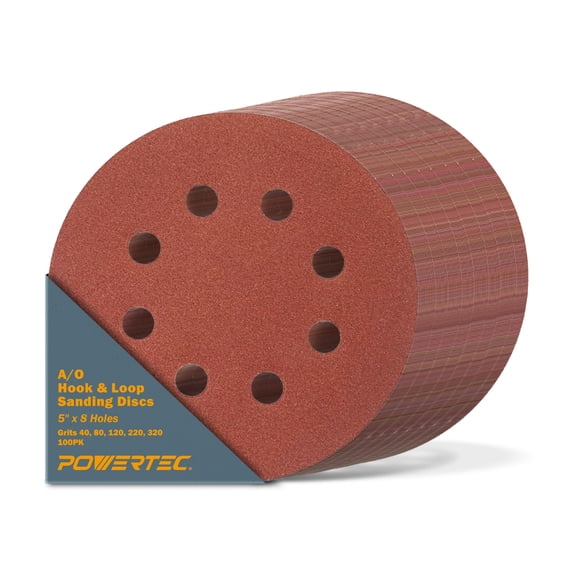 POWERTEC 100PK Assorted 5-Inch 8 Hole Hook and Loop Sanding Discs 40/80/120/220/320 Grits Sandpaper for Random Orbital Sanders, 45000