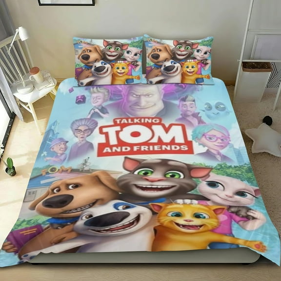 Talking Tom Themed Bed Sheet Set Three Piece Set 53x79 In ches Comfortable And Skin Friendly Unique Design Creating A Star Gifts For Family Friends fans
