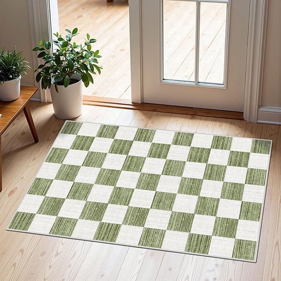 Front Door Mat Outside Entrance - 16''x24'' Green White Non-Slip Washable Doormat Indoor Outdoor Mat Entry Rug Geometric Checkered Small Layered Area Rug for Entryway Kitchen Front Porch Decor
