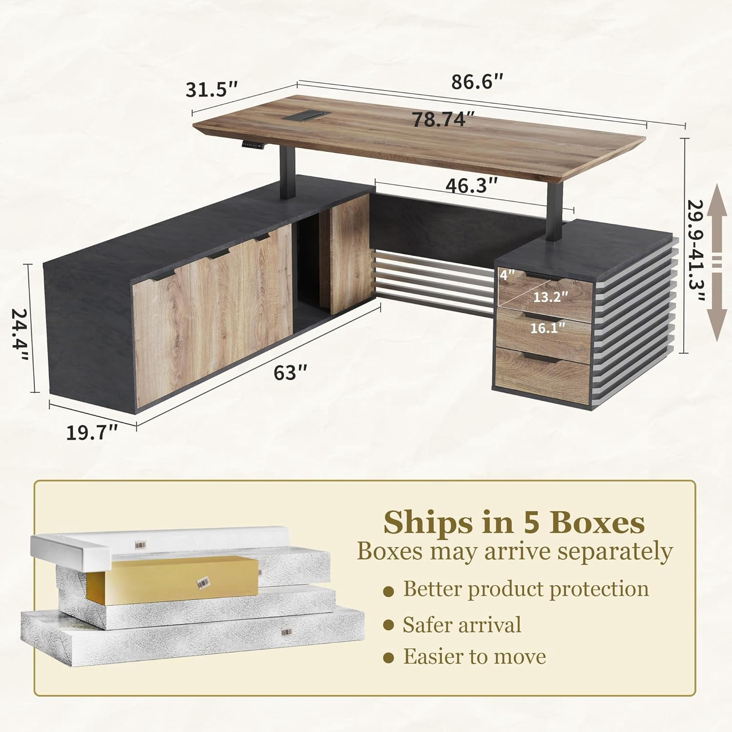 86.61inch L Shaped Adjustable Height Executive Desk with Cabinet