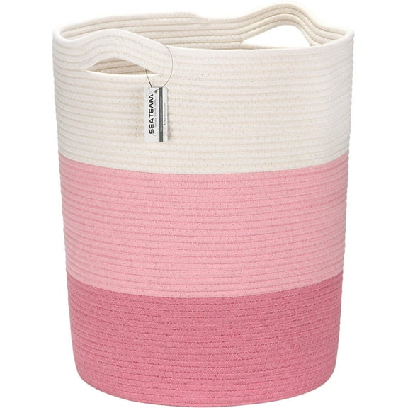 Sea Team Large Size Cotton Rope Woven Storage Basket Laundry Hamper with Handles, 14 x 20 inches, White & Pink
