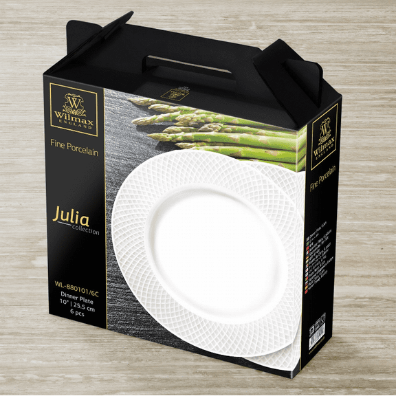 Wilmax Fine Porcelain White Dinner Plate With Embossed Wide Rim 10" | Set Of 6 In Gift Box WL-880101/6C
