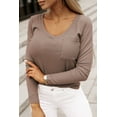 thumbnail image 5 of Women's Khaki Ribbed Knit Patched Chest Pocket V Neck Top, 5 of 5