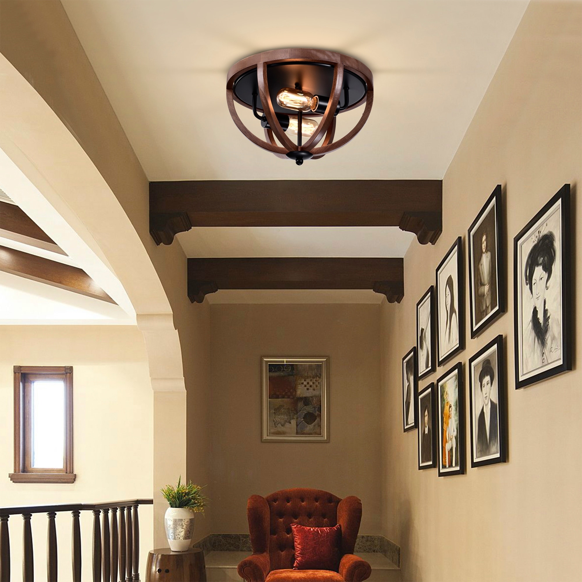 Fanalla 13 in. 2-Light Indoor Brown Faux Wood Grain Finish Flush Mount with Light Kit