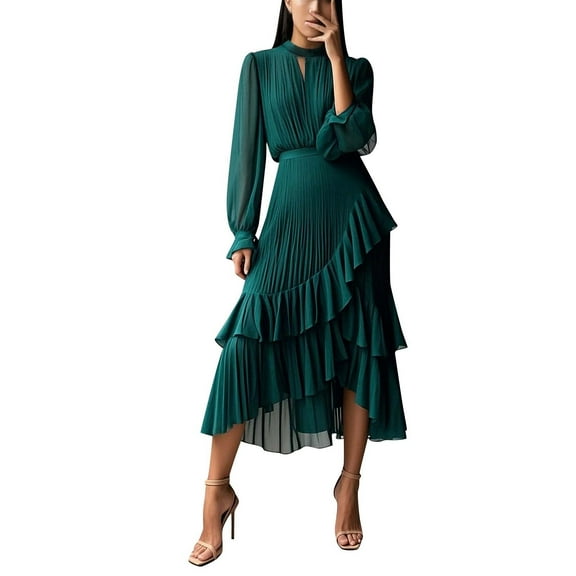 Cavosen Christmas Plus Size Cocktail Dresses for Weddings Crew Neck Long Sleeve Midi Evening Gowns Ball Dress Elegant A Line Wedding Guest Cocktail Party Dress