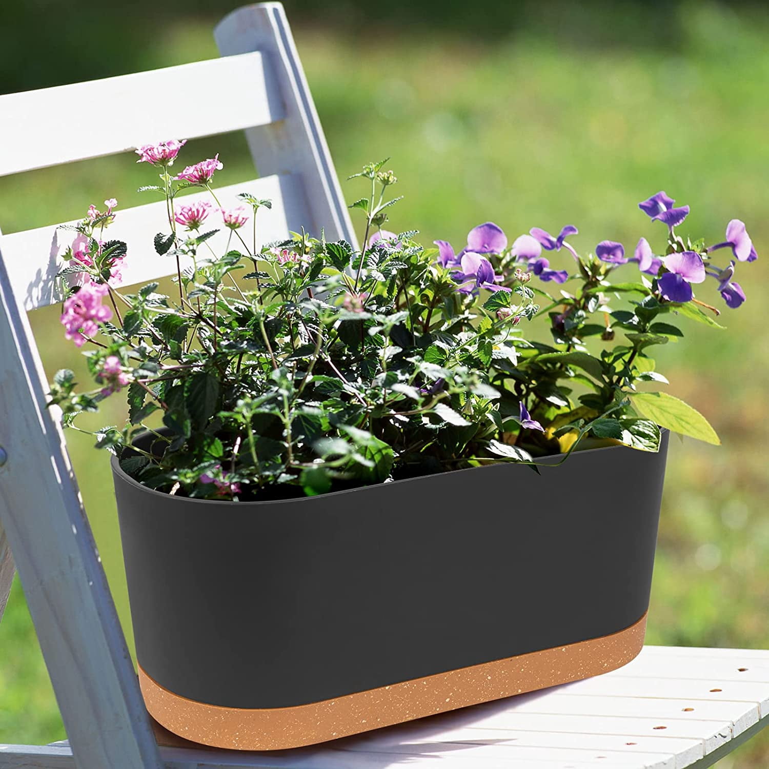 QCQHDU 2 Pack Window Boxes Planters,16”x 7" Self Watering Pots with Drainage Holes and Trays,Indoor Home Garden Modern Decorative Plant Pot for All House Plants Flowers Herbs (Dark Grey)